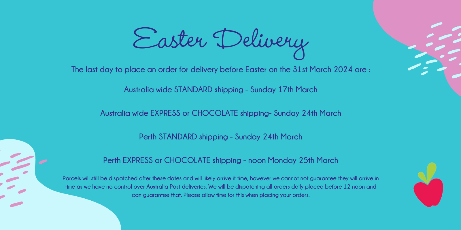 Easter delivery shipping dates for Happy Tummies Allergy Friendly treats