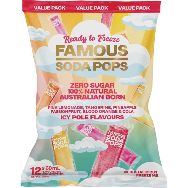 Famous Zero Sugar Soda Pops Assorted Icy Poles 12 x 60ml