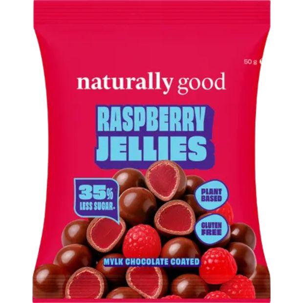 Naturally Good Mylk Choc Coated Raspberry Jellies 50g