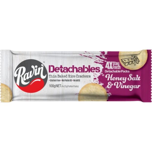 Ravin Detachables Rice Crackers Honey Salt & Vinegar 100g **Best Before Date: 06/01/25**