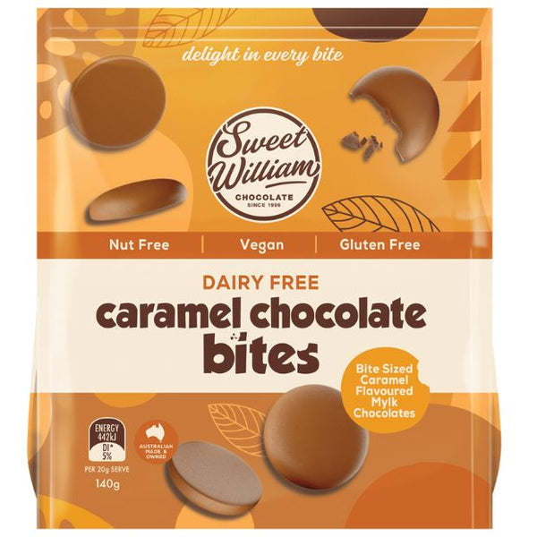 Sweet William Dairy Free Caramel Chocolate Bites 140g | vegan