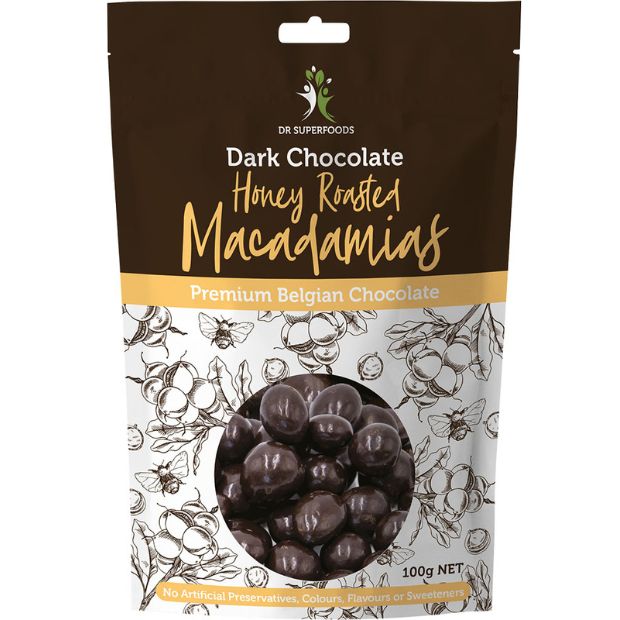 Dr Superfoods Dark Chocolate Honey Roasted Macadamias 100g