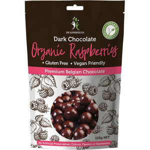 Dr Superfoods Dark Chocolate Organic Raspberries 125g - Happy Tummies