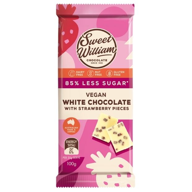 Sweet William Chocolate Bar White with Strawberry Pieces NAS 100g