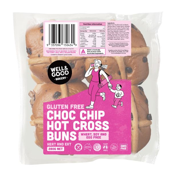 Well & Good Hot Cross Buns Choc Chip x 4 280g